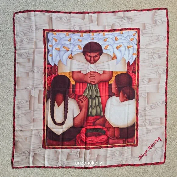Pineda Covalin Silk Scarf Diego Rivero Mexico Hand Rolled Art - Picture 1 of 10